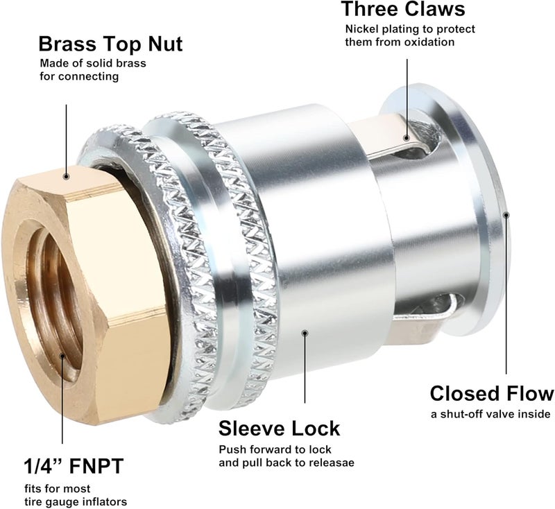 Hromee Lock On Air Chuck, Heavy Duty Closed Flow Tire Chuck, 1/4" FNPT for Tire Inflator and Standard Bore Valve Stem Quick Connector - Image 2